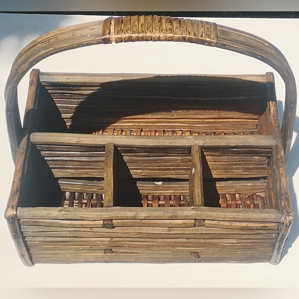 Wooden Wicker Basket with Handle Rustic Vintage Woven Organizer